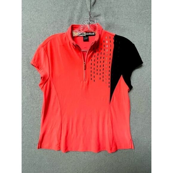 Jamie Sadock 1/4 Quarter Zip Short Sleeve Women’s Shirt Sz S Black Coral Orange - Picture 1 of 5